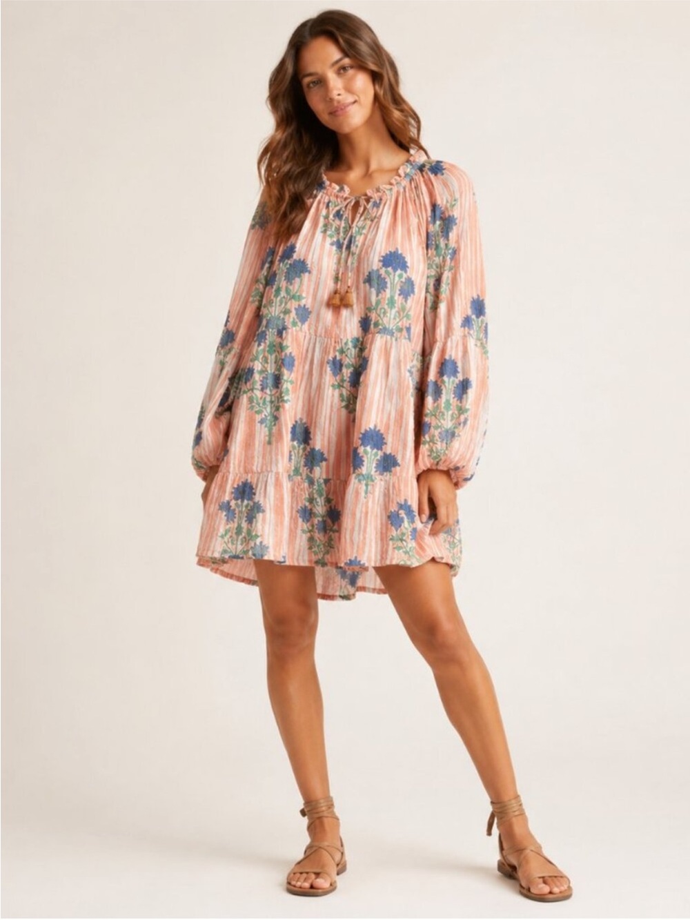 ⭐️Oliphant Jaipur Peach Floral Mini Dress Floral Stripe Cotton Lined⭐️